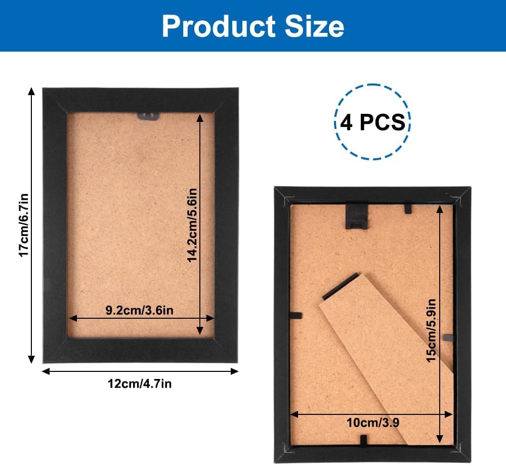 Jinsion 4x6 Photo Frames, 4 Pack Black Picture Frames Tabletop and Wall Mounting, Wooden Photo Frame with Acrylic Glass, Hanging and Standing Small Picture Frame for Wall or Desk Display