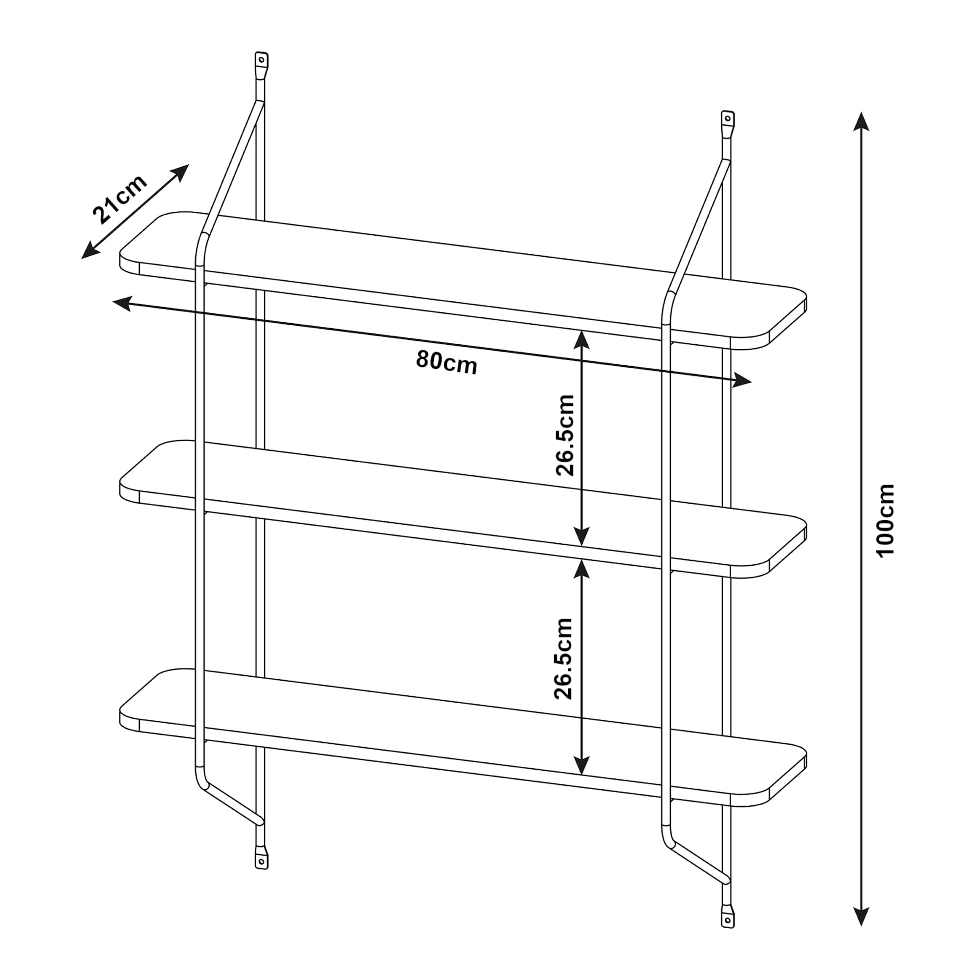 [en.casa] Scaffale da Parete a 3 Ripiani Scaffale Pensile Mensola da Muro Salvaspazio 100 x 80 x 21 cm per Soggiorno Cucina Bagno Ufficio - Nero