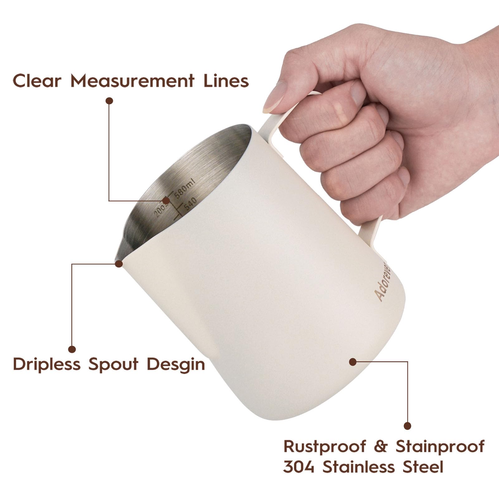 Pichet à mousse de lait, 600 ml, pichet vapeur en acier inoxydable pour lait, café, cappuccino, latte art, barista, pichet à vapeur avec stylo décoratif, blanc mat