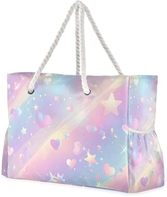 Shiny Stars Beach Tote Bag - Waterproof Travel Bag with PVC Compartment, Oversized Pool Tote for Vacation Essentials, Vintage Nylon Beach Accessory for Multipurpose Storage