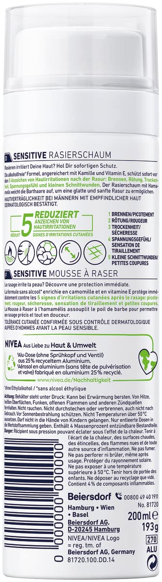 NIVEA MEN Sensitive Rasierschaum (200 ml), Rasierschaum mit Kamille und Vitamin E für eine sanfte Rasur, schützender Rasierschaum für Männer gegen Hautirritationen (Packung mit 3)