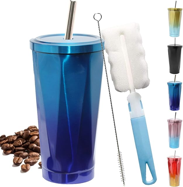 Grando Stainless Steel Tumbler Cups, Coffee Cup with Straw Vacuum Insulated Office Mug Car Drinking Cups for Ice Cold or Warm Drinking with 1 Cleaning Brush and 1 Straw Brush (Blue 18oz/500ML)