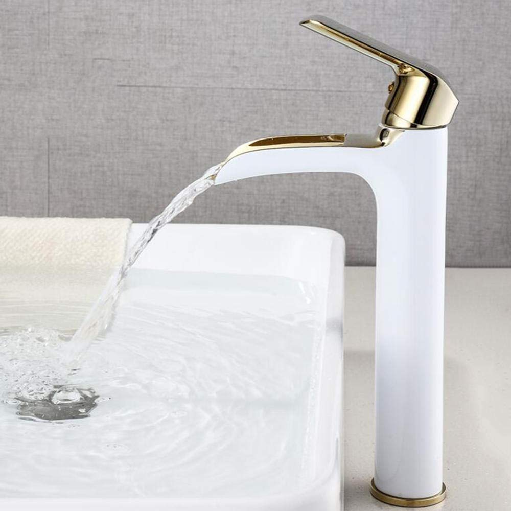 Robinet mitigeur de lavabo haut cascade blanc monotrou en laiton pour eau chaude et froide