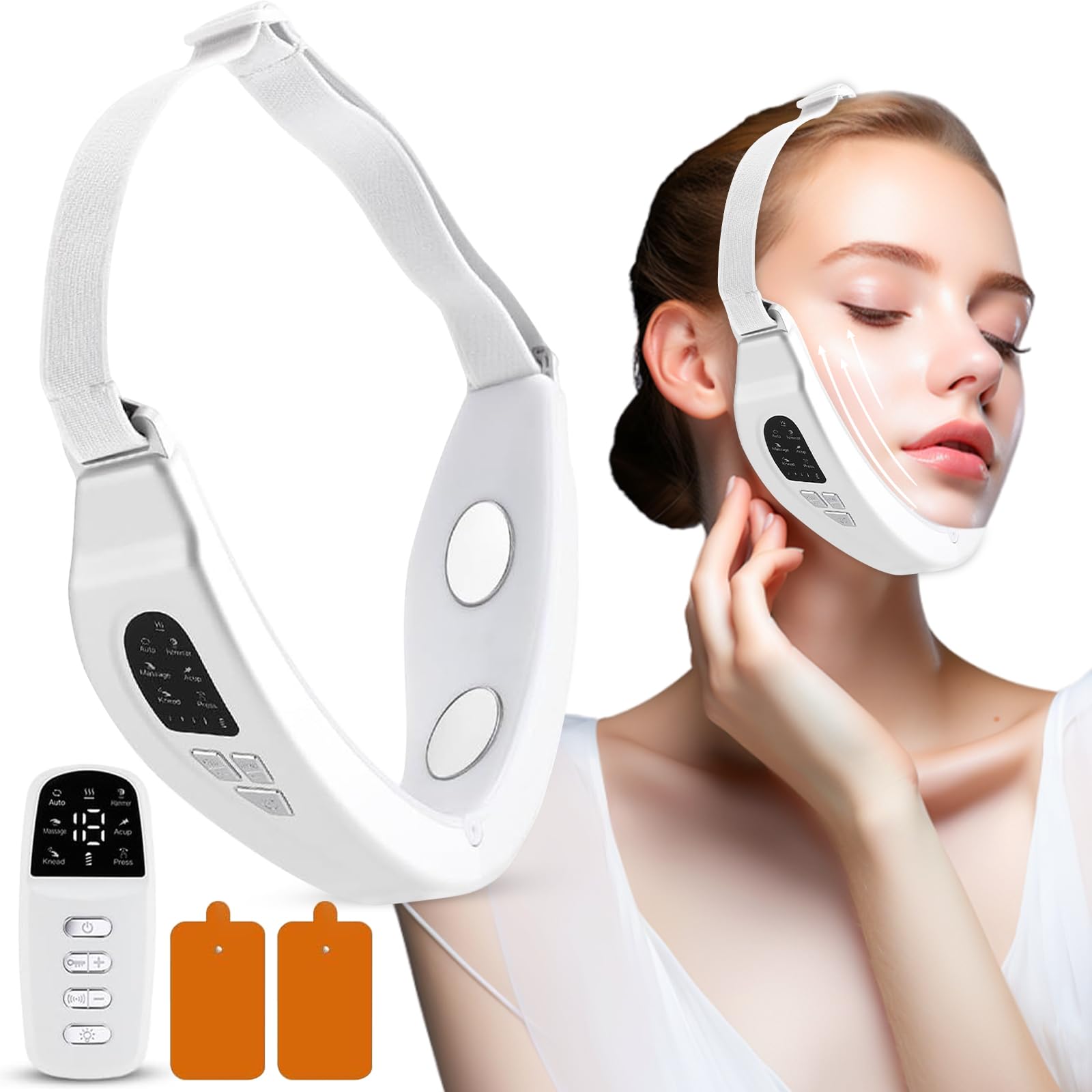 Elektrisches V-Face Shaping Massager, EMS Facelifting Gerät Weiß mit 6 Modi 18 Intensitätsstufen, Doppelkinn Entferner mit Fernbedienung, Gesichtsmassagegerät für Schlanke Kieferlinie