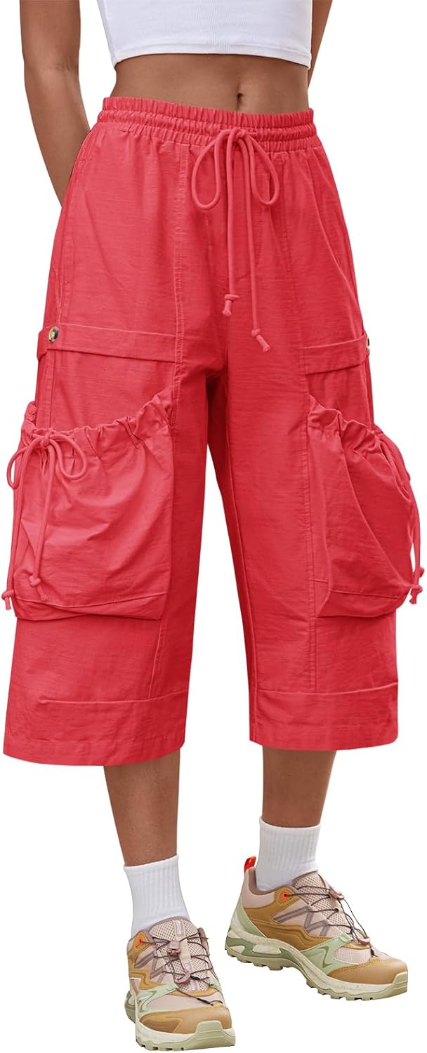 Aoysky Womens Wide Leg Cargo Capris Drawstring Elastic Waist Baggy Cropped Pants with Utility Pockets Casual Trousers