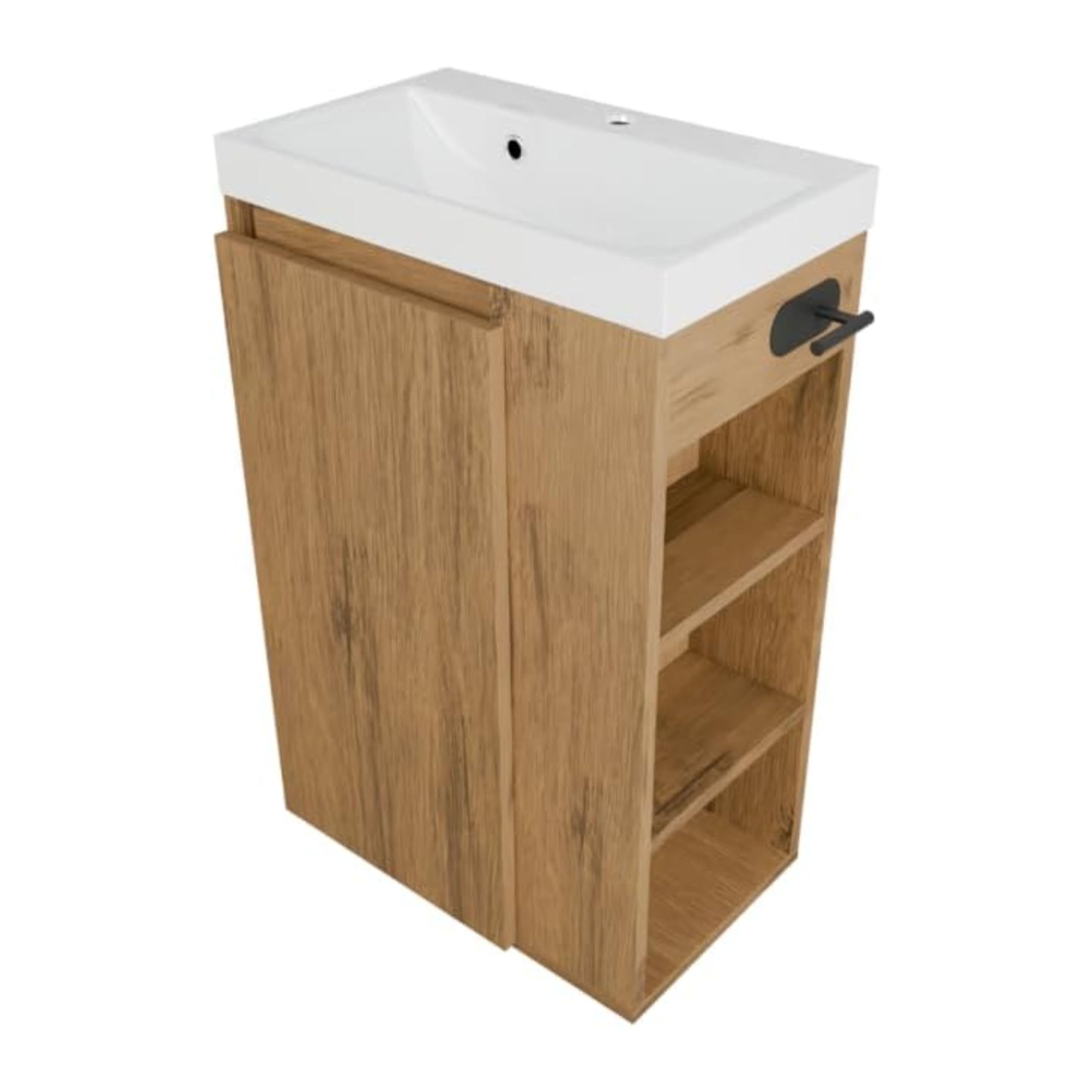 Lavabo con Armario Bajo SEVA, 46 cm de Ancho, Tocador de Pie O Colgante, Juego de Muebles de Baño para Baño, Armario Bajo Lavabo con Soporte para Papel Higiénico - Roble Lancelot