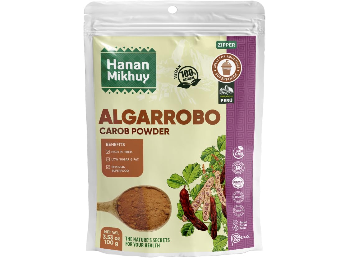 Hanan Mikhuy Algarrobo Carob Powder-Sweet (Molido) | Peruvian Superfoods 100% Natural, Vegan, Non-GMO, Gluten-free, Caffeine-free, high in Fiber for Smoothies, Baked Goods & Recipes | 3.5oz (100g)