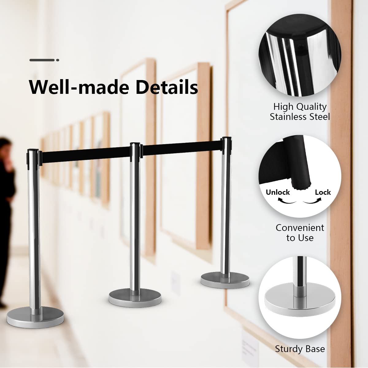 GIANTEX 6 soportes de barrera para personas con sistema de guía personal, postes de barrera de metal y acero inoxidable, con cinta de barrera de 2 m, postes de delimitación para aeropuerto, exposición