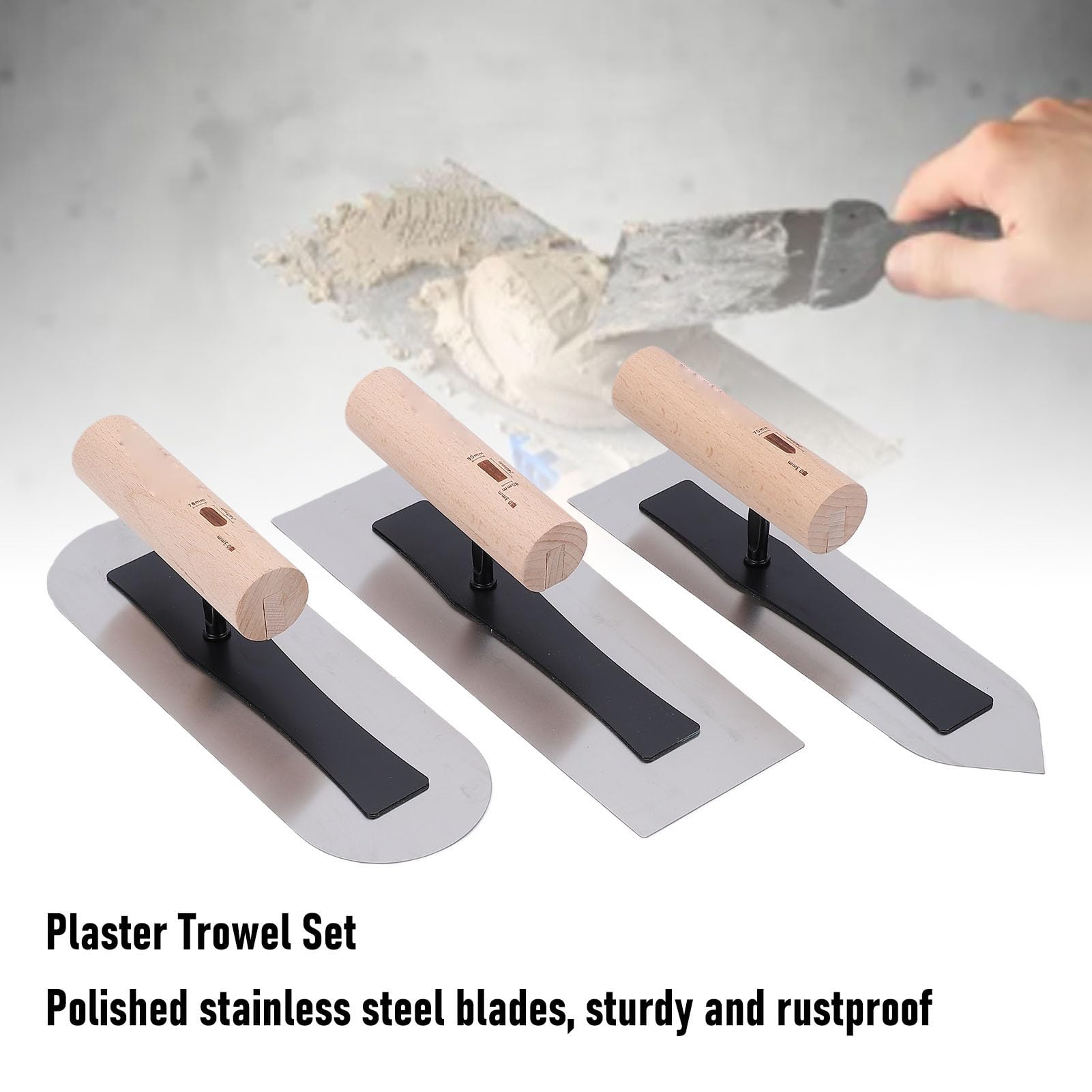 Fockety Set di 3 Spatole per Intonaco, 3 Spatole per Cartongesso con Manico in Legno, Attrezzi per Intonacatura Manuale in Acciaio Inossidabile Lucidato per Riparazioni di Cartongesso e
