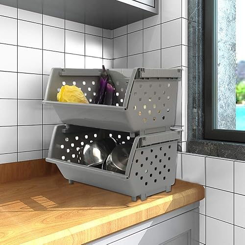 Miniatura 5 de Cesta organizadora apilable de plástico gris, cesta de almacenamiento apilable, juego de 3