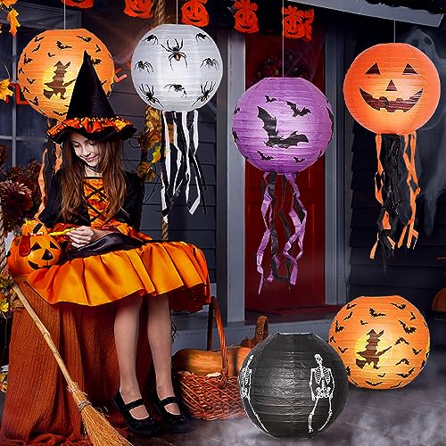 LPAOIS 10 Stück Halloween Laterne Papier Kürbis Papierlaterne Hängedeko Mit 10 Lichtern, Kürbis Märchenlampe, faltbar Fledermäuse Spinnen Geister Kürbisse Papierlaterne Halloween Party Dekoration