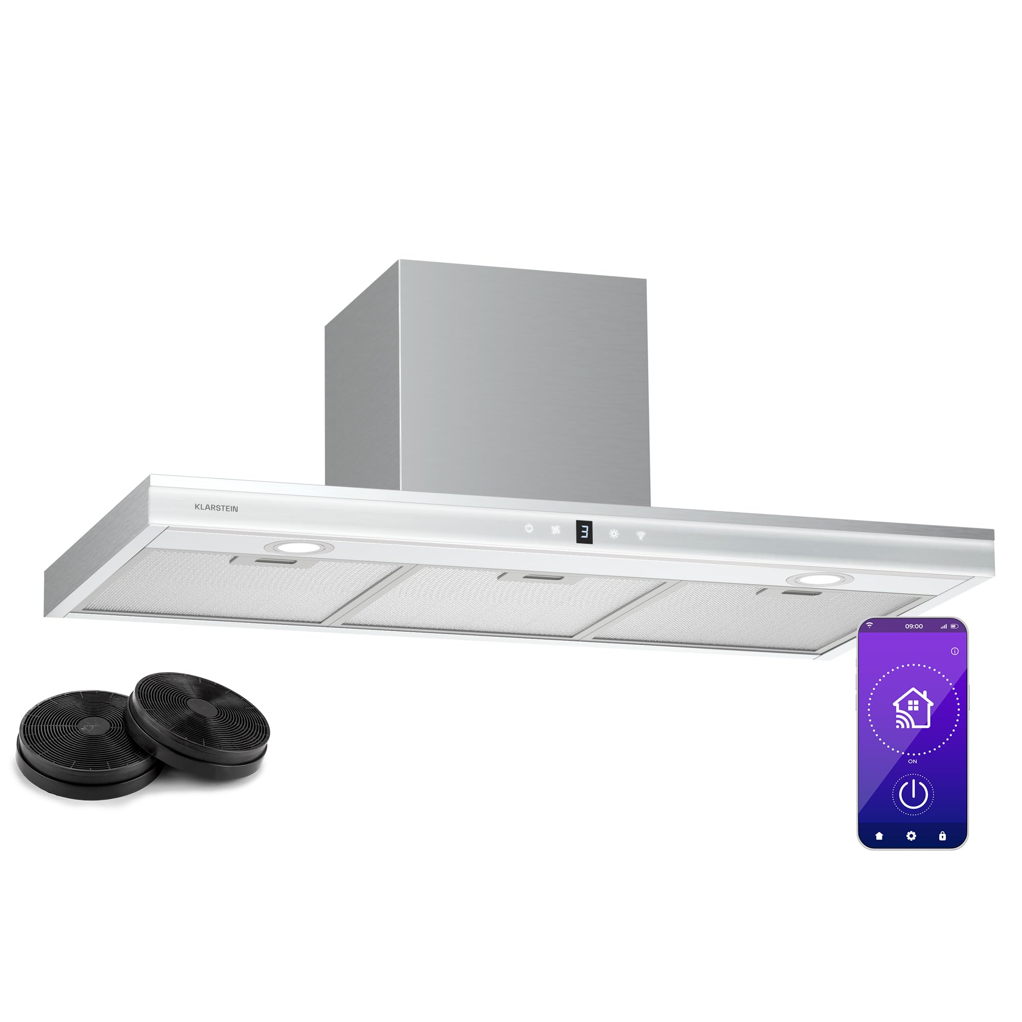Klarstein Auriana Hotte Murale - 90cm Hotte Aspirante, Débit 700 m³/h, A+ Énergie, Éclairage LED 6000K, WiFi & Tactile, Silencieuse 56 dB, Filtre à Charbon, Noir