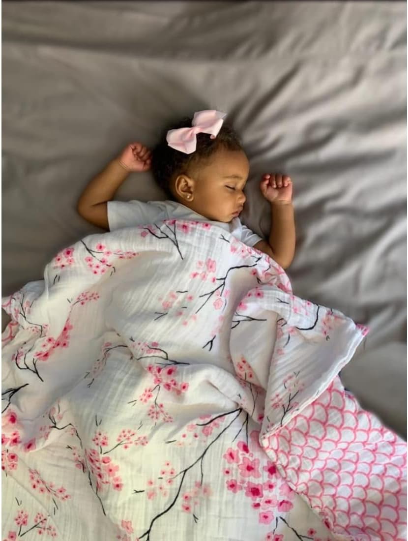 Malabar Baby Organic Cotton Reversible Muslin Snug Blanket, Luxurious Everything Baby Receiving Stroller Blankets for Newborns, Infants & Kids, Cherry Blossom