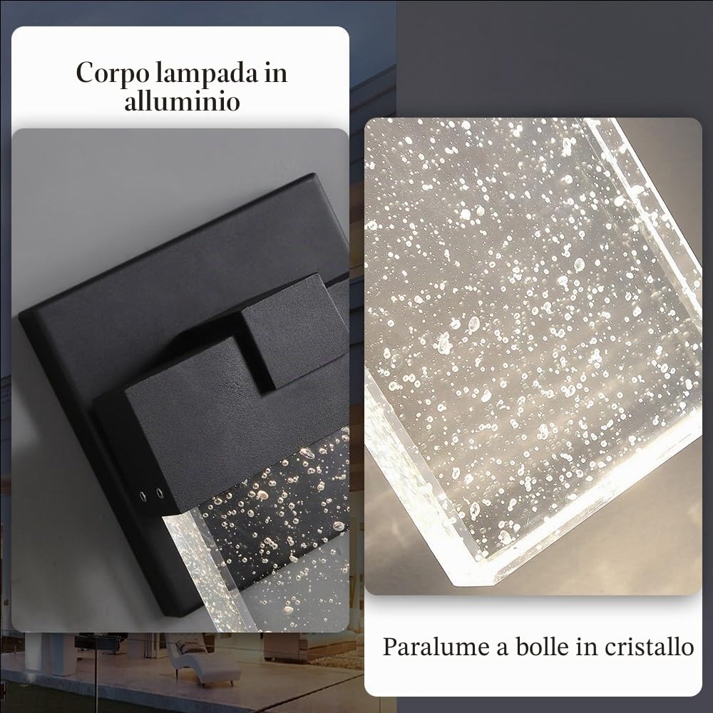 Applique da parete for esterni/interni con vetro a bolle di cristallo, applique da esterno impermeabili, lanterne da parete a LED, luci da veranda, luci da parete da 10 W 3000 K