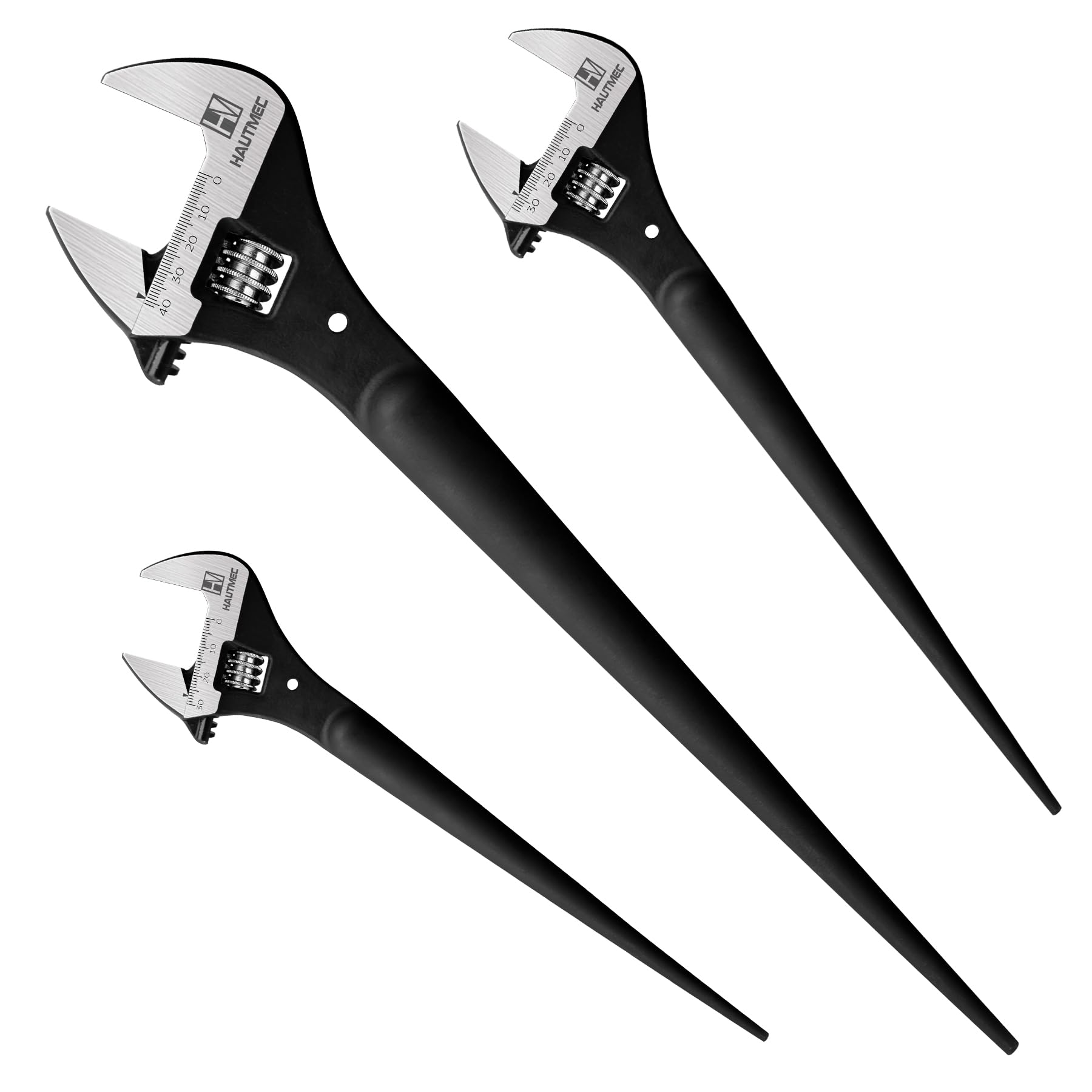 HAUTMEC 3 PCS Adjustable Spud Wrench Set, 10"&12"&16" Adjustable Spud Spanner Set with Tail Pry Bar Features, Black Oxide Finish, Forged CR-V Steel Metric & SAE Scales with Tether Hole HTASM25019