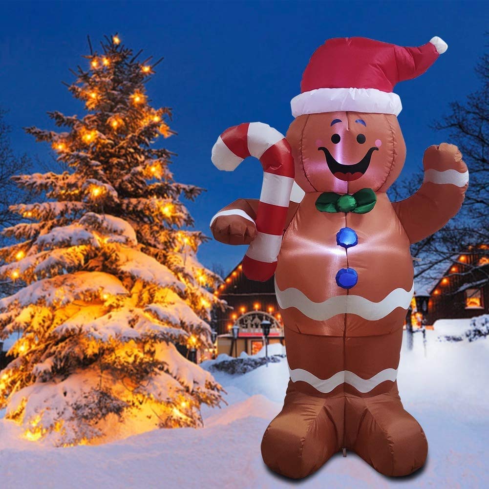 Joiedomi Décoration de Jardin Gonflable en Pain d'épices de Noël, 1,5 m, éclairage LED, Bonhomme en Pain d'épices Auto-Gonflable avec Sucre d'orge, Parfait pour fête de Noël, intérieur ou extérieur,