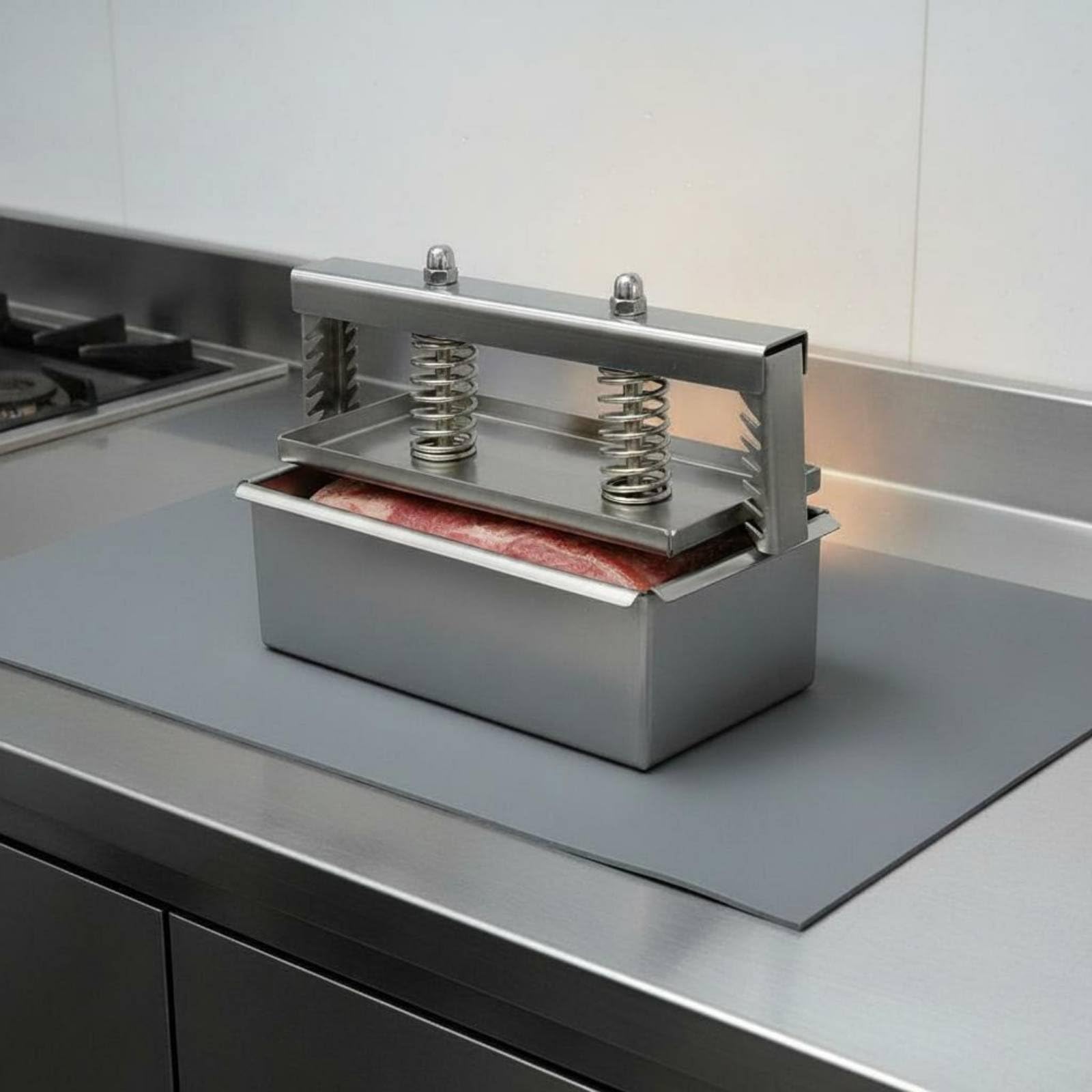 Prensadora para Carne de Acero Inoxidable Molde de Acero Inoxidable para Carne Antiadherente para Cocineros Caseros, 1KG, Apertura Lateral