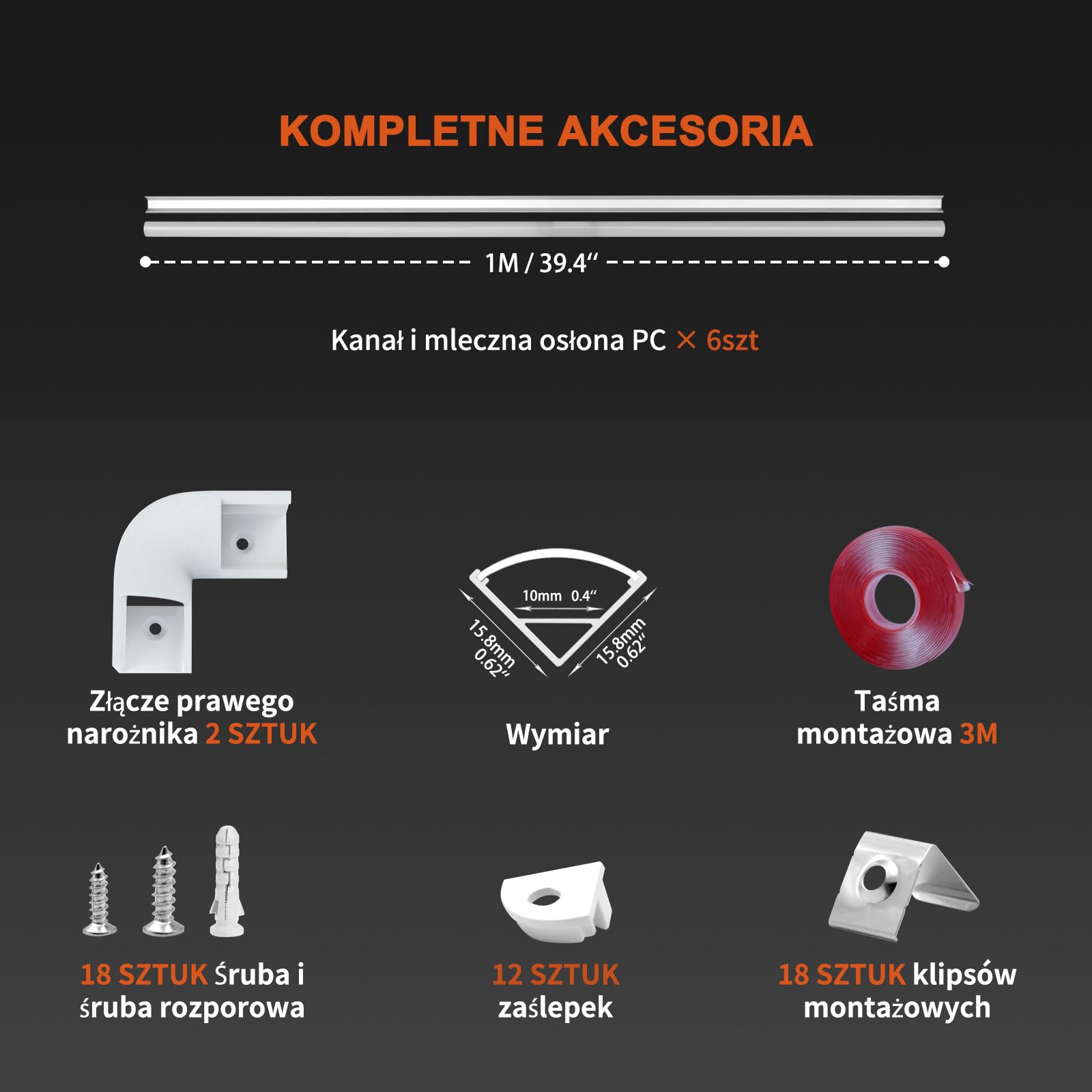 HOMMAND Aluminiowy Kanał LED 6 x 1m V Kształt, z Dyfuzorem, Taśmą Klejącą, Złączami Narożnymi, Zaślepkami i Klipsami Montażowymi - Taśma LED Kanał 6m