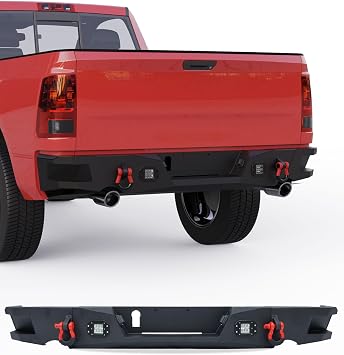 Rear Bumper Fit for 2009-2018 Ram 1500 Black Steel | Winch Plate, D-rings, LED Light V2.0