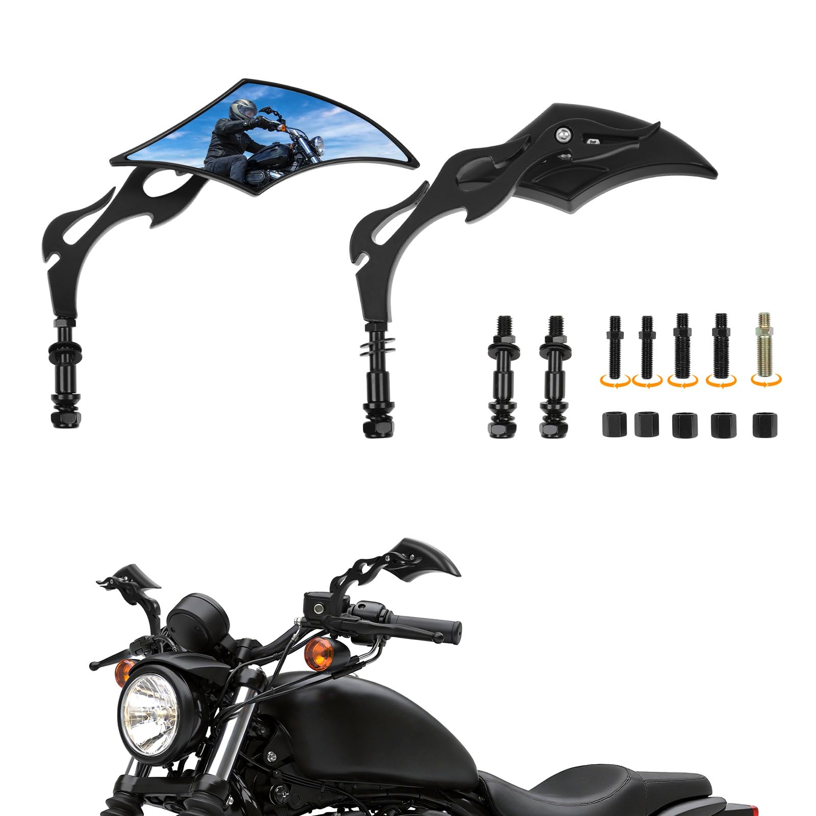 DREAMIZER Motorcycle Mirrors Compatible with Harley- 8MM 10MM Universal Flame Mirror for V Rod Night Softail Rod Breakout Sportster 48 883 1200 Street Electra Glide Road Glide, Black