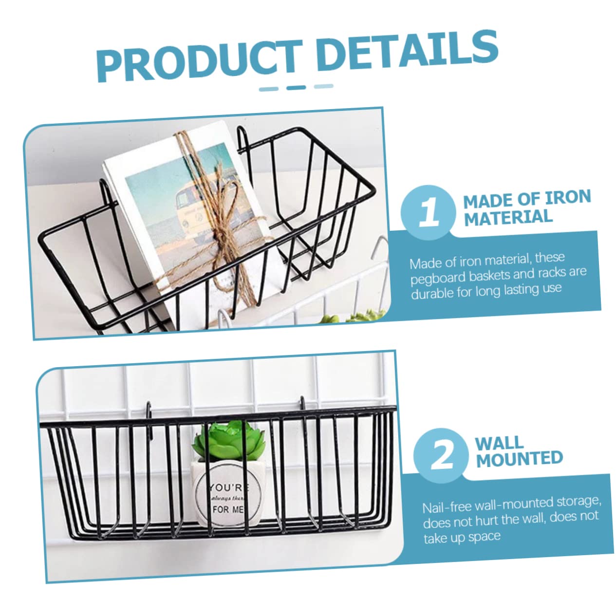Holibanna 2Sets Iron Wire Pegboard Baskets and Wall Mounted Storage Racks Hanging Organizers for Kitchen Bathroom Home Tool Storage with Hollow Design and Strong Load Bearing