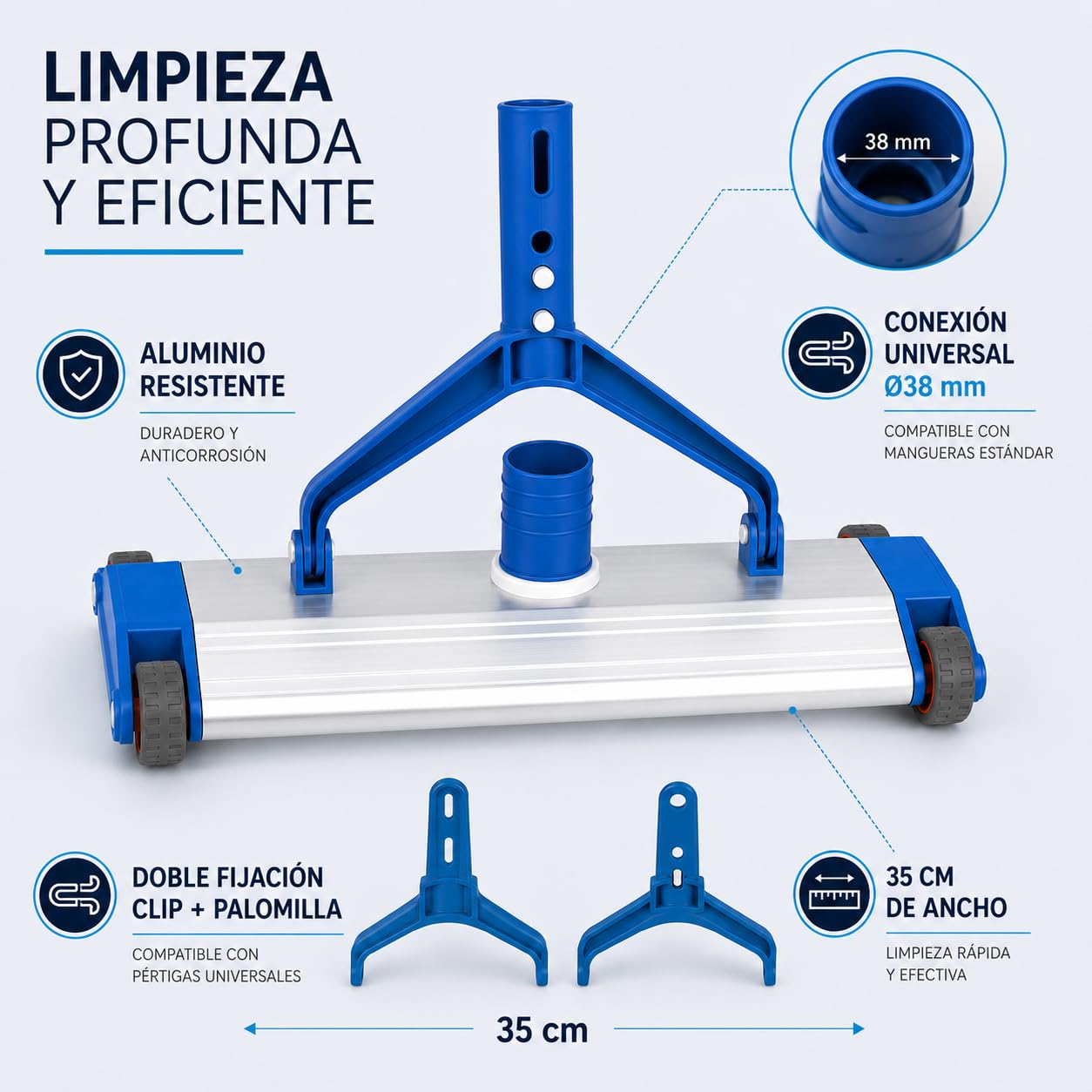 SIQUA – Nettoyeur Manuel de Fond de Piscine en Aluminium Résistant. Idéal pour Le Nettoyage et l’Entretien des Piscines. Raccord Tuyau Ø38 mm. Fixation à Papillon et Clip. Longueur 35 cm.