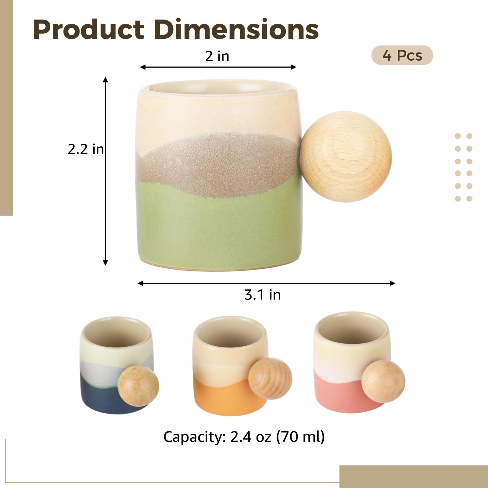 4 Stk. Keramik-Espressotassen, 2,4 oz Demitasse-Kaffeebecher mit Holz-Kugelgriff, kleines Becherset in Farbverlauf-Optik, Keramik-Teetassen, mit Geschenkbox für Kaffee und Tee
