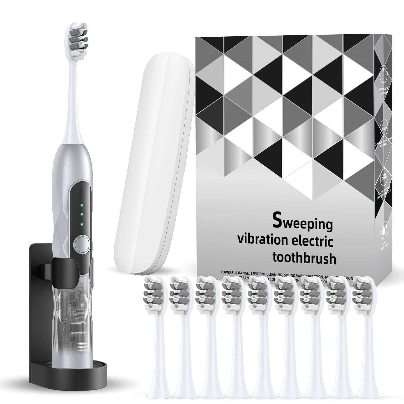Oscilación y vibración cepillo de dientes eléctrico sónico para adultos con 10 cabezales de cepillo para viajes y cuidado de dientes, motor de 48000 VPM, 5 modos de limpieza, temporizador de