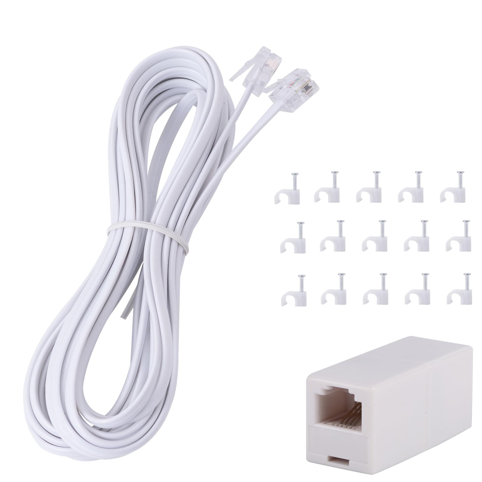 Cavo di prolunga per telefono, lungo 4,5 m, con spina RJ11 standard e accoppiatore in linea telefonico RJ11 splitter e 15 supporti per cavi, bianco