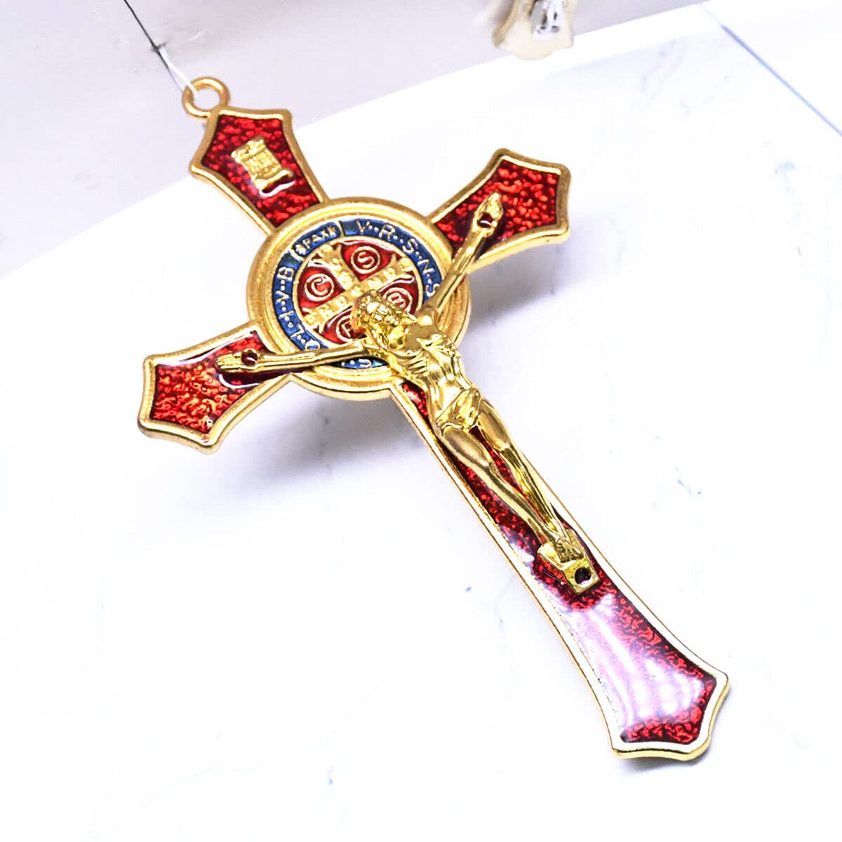 BRAVECOW Vintage Wall Decoration Wood Metal Hand Hold Cross Crucifix Jesus Holy Religious Carved Christ (Red)