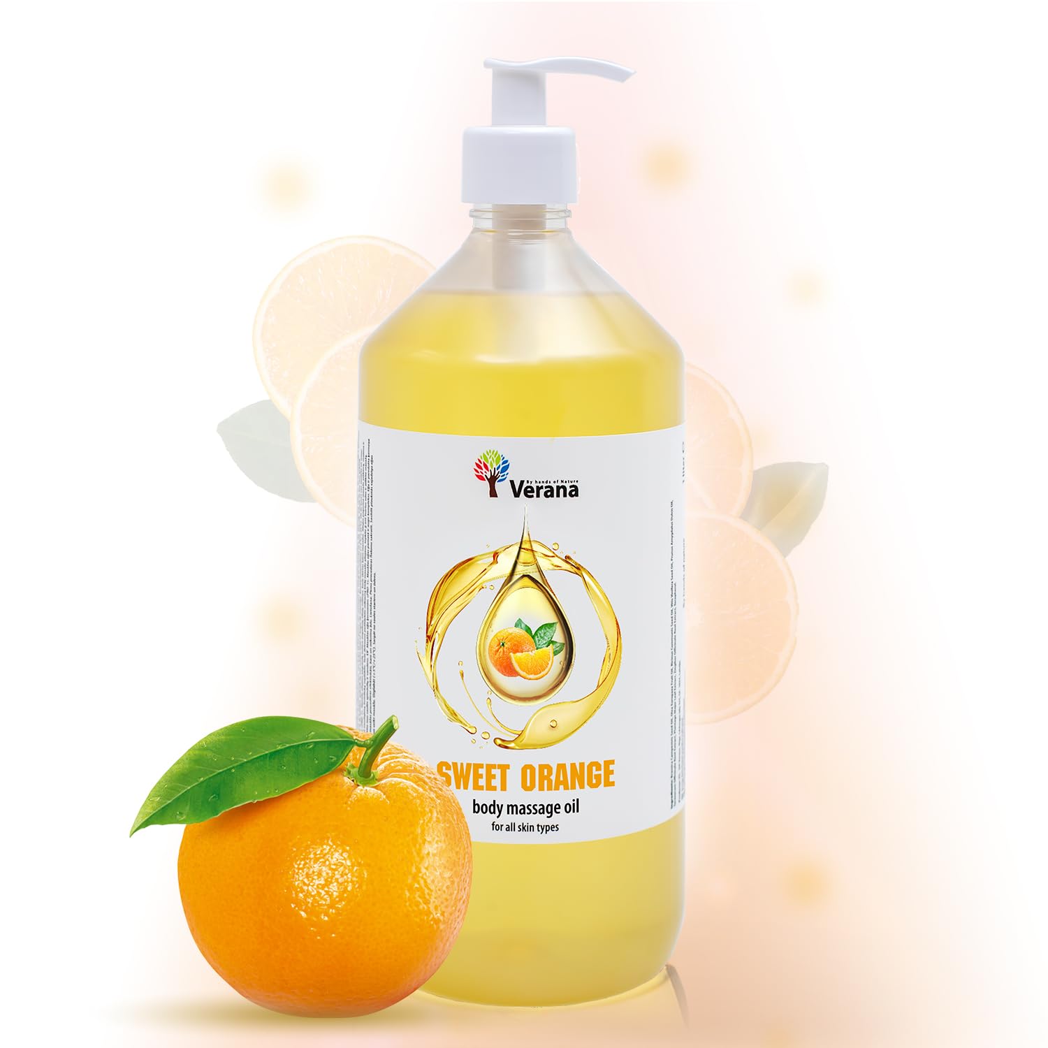 Verana Aceite de Masaje Naranja Dulce, Natural, Para el Cuerpo, Todo tipo de Pieles, Masaje Nutritivo, Antiestrés, Anticelulítico, Aromaterapia (1L)