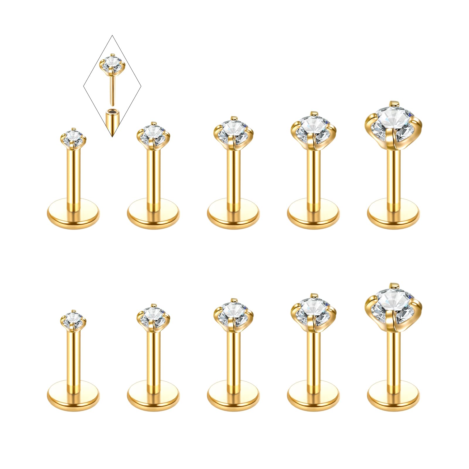 Oveta 18G Gold Nose Stud Threadless Flat Back Tragus Earrings for Women 1/4" Bar Stainless Steel