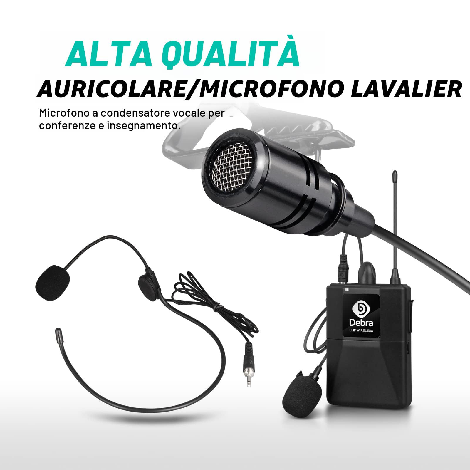 D Debra Audio AU800 Pro Sistema microfonico wireless UHF a 8 canali con microfoni per cuffie cordless, ricevitore in metallo, ideale per il karaoke e le feste in chiesa(8*bodypack)