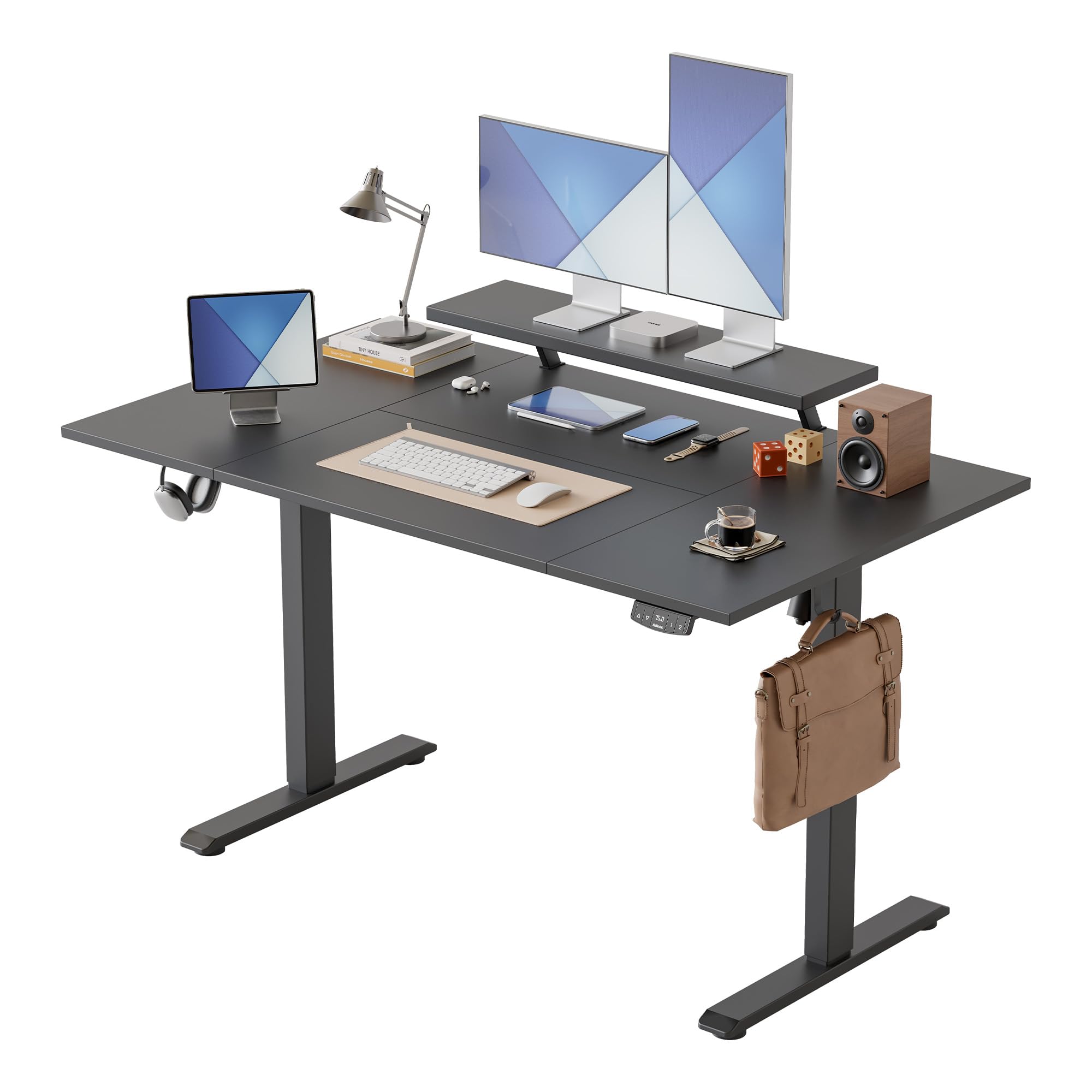 Agilestic Höhenverstellbarer Schreibtisch mit flexiblem Monitorständer | Schreibtisch höhenverstellbar elektrisch 140 x 80 cm, 2 Speicherplätze, Stehschreibtisch für Homeoffice, Schwarz