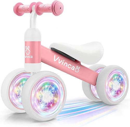 Vvinca Bicicleta de equilibrio para bebés para niñas de 1 año, 4 ruedas silenciosas de iluminación colorida, bicicleta de equilibrio de asiento