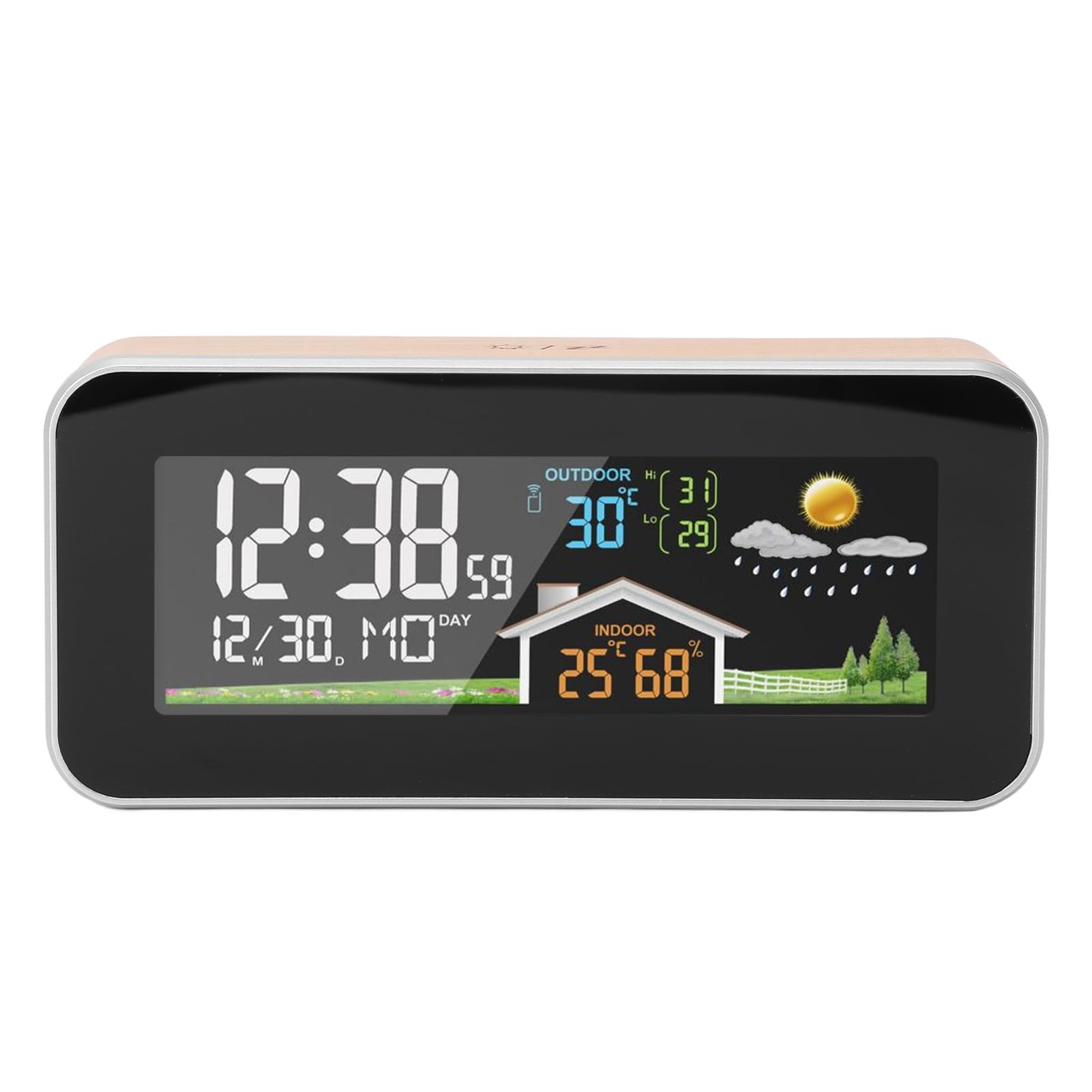 aqxreight Color Display Digital Weather Alarm Clock Temperature Sensor Indoor Outdoor Beech Wood ABS Material