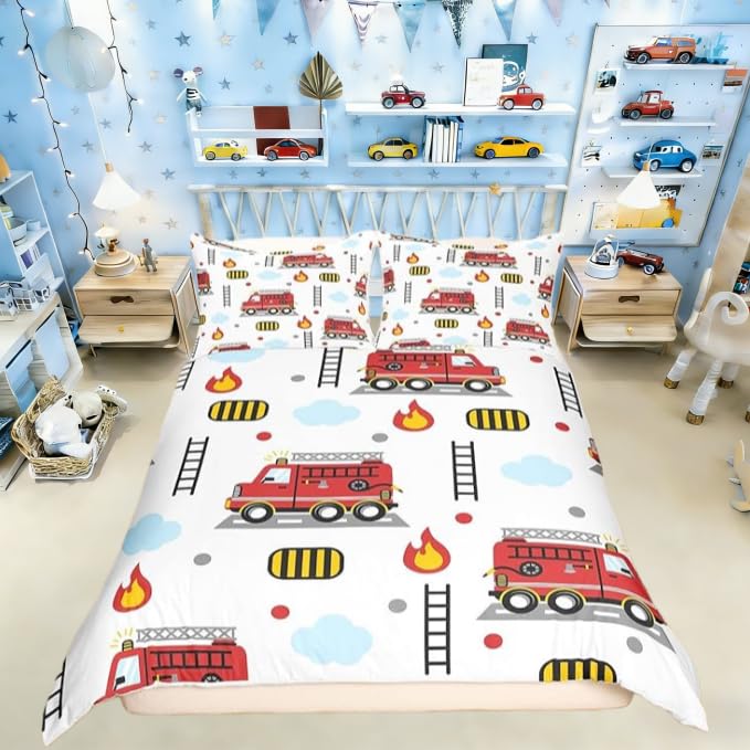 Manfei Cartoon Red Fire Engine Duvet Cover Set King Size,Fire Truck Bedding Set 3 pcs,Firefighting Truck Fireman Car Quilt Cover for Kids Boys Teens Room Decor,2 Pillowcases,No Comforter — image 1