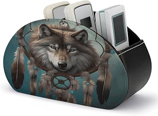 Wolf Dream Catcher PU Leather Remote Control Holder with 5 Compartments | TV Remote Caddy Box for Bedside Office , Table Desk Storage Organizer for Media Player, DVD, Blu-Ray, Heater Controllers