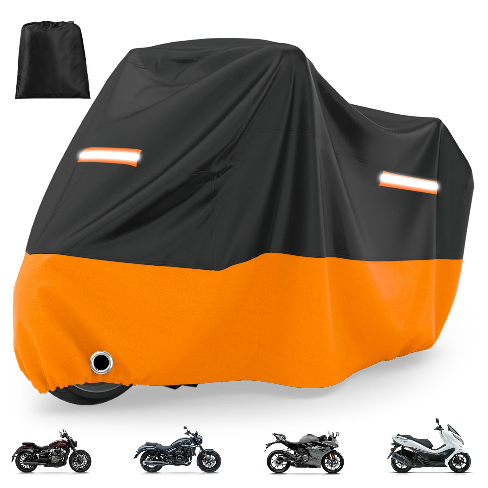 Favoto Housse Moto Extérieure Imperméable - Bâche de Protection XXL Anti-UV & Anti-Poussière avec Trou pour Antivol Sangles Coupe-Vent Noir Orange 245×105×125cm