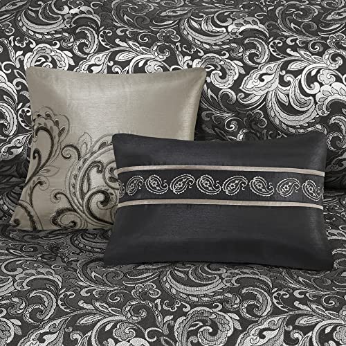 Image of Madison Park Essentials Brystol 24 Piece Room in a Bag Faux Silk Comforter Jacquard Paisley Design Matching Curtains Down Alternative All Season Bedding-Set, Black 24 Piece, King(104 in x 92 in)