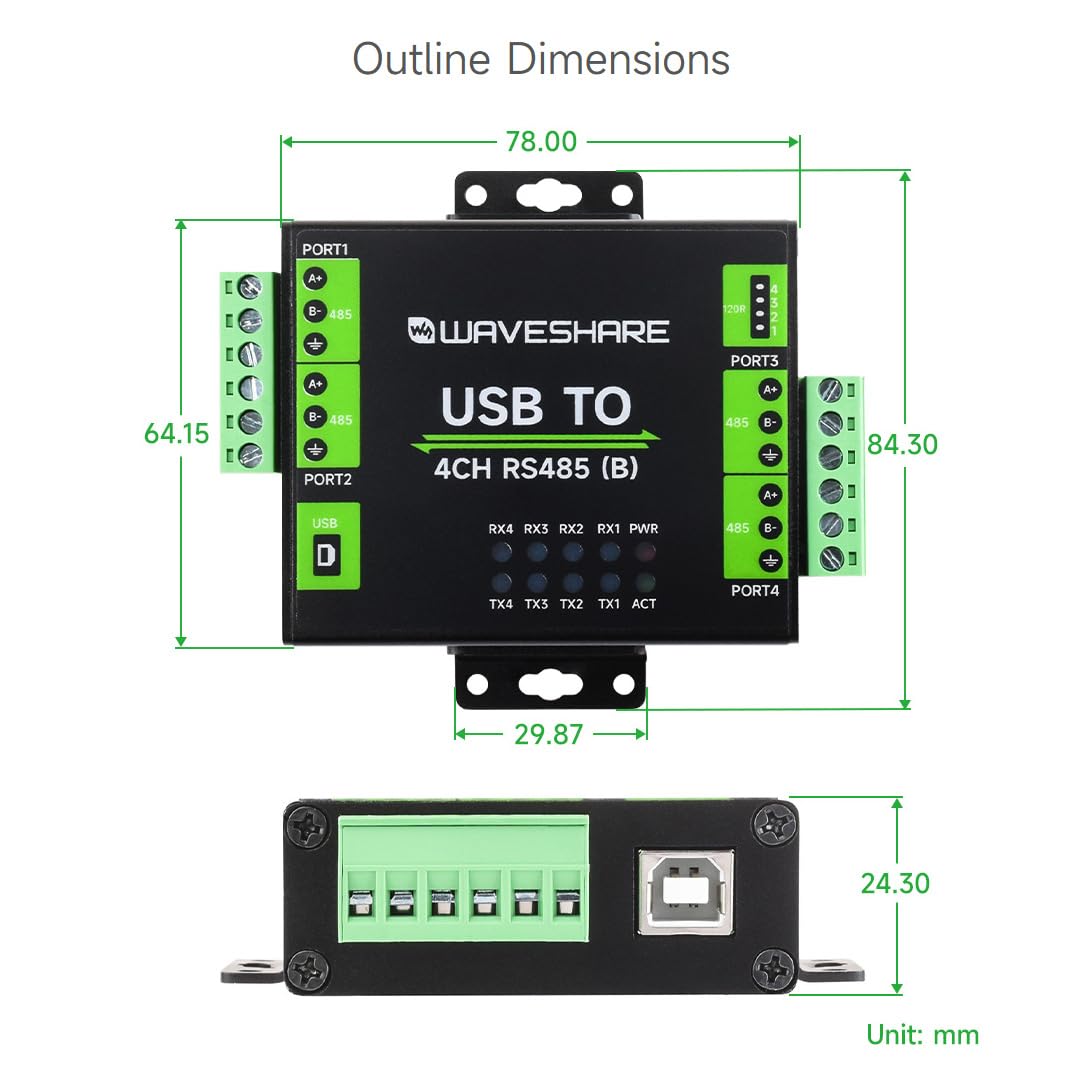 Waveshare Industrial Isolated USB To 4-Ch RS485 Converter (B), CH344L Chip, Multi Protection Circuits, Multi Systems Support, Aluminium Alloy Case, Wall-Mount & Rail-Mount Support