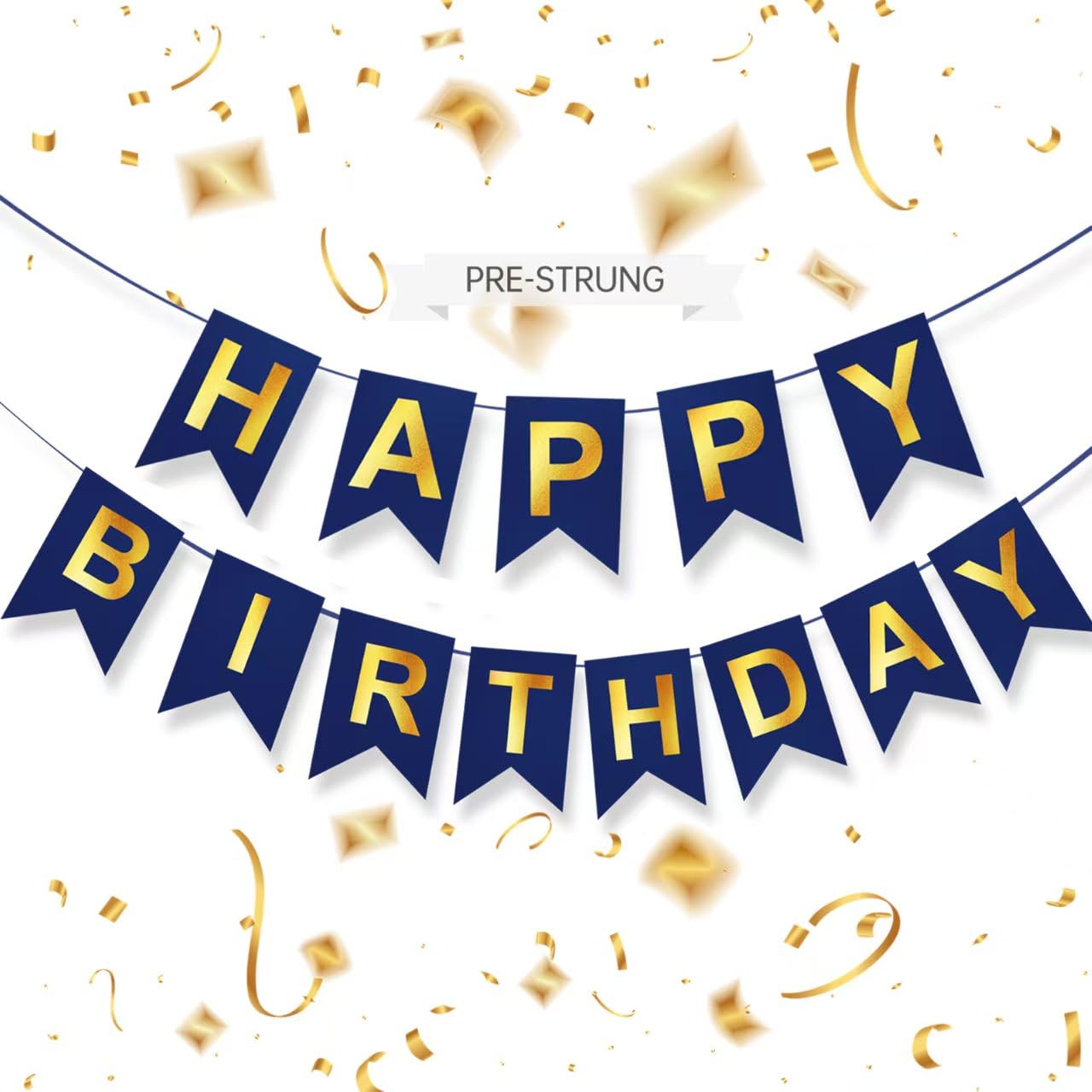 Blue &amp; Gold Birthday Banner, Party Decor &amp; Backdrop - Pre-Strung, 16ft