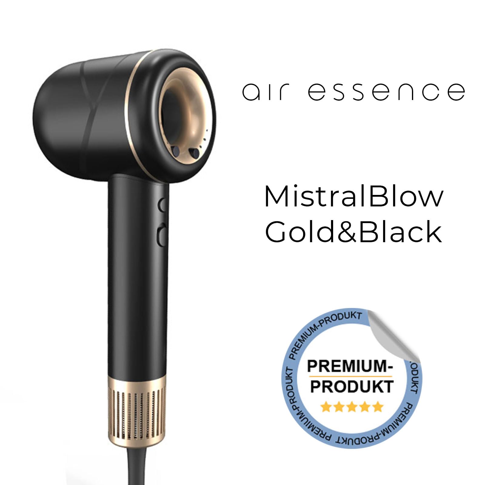 Intelligenter Haartrockner Ionen Air Essence MistralBlow iQ Ionic Gold&Black, Föhn mit diffusor, Haarföhn, Hair Dryer, Funktionen für schnelles und geräuscharmes Styling