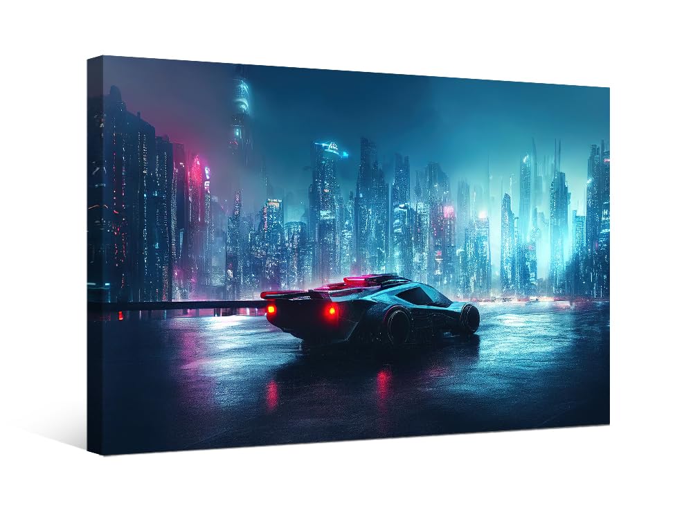 Canvas Wall Art Cyberpunk Style Wall Art for Bedroom Sports Cyberpunk Wall Decor Futuristic Car on a Neon Cyberpunk Wall Paintings Artwork for Office Home Decor Framed Ready to Hang 12X16 INCH