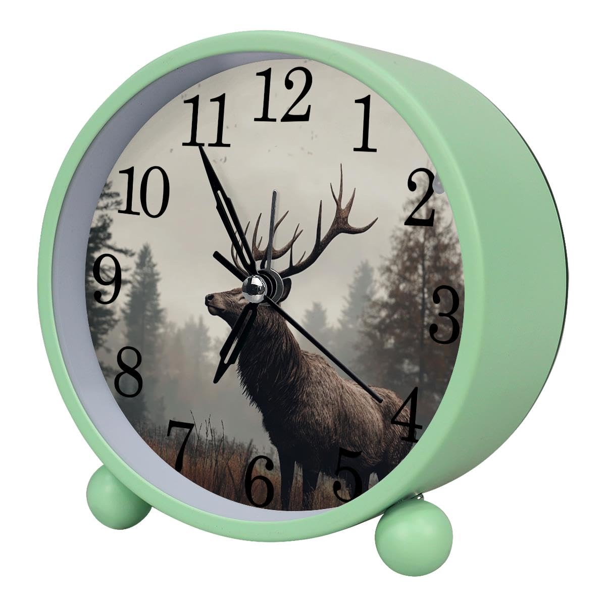 Luoweisi Alarm Clock Wildlife Elk Deer, Silent Non-Ticking with Night Light, Round Metal Alarm Clock for Office, Battery Operated, Bedroom, Elderly, Adults, Children, Student Gifts