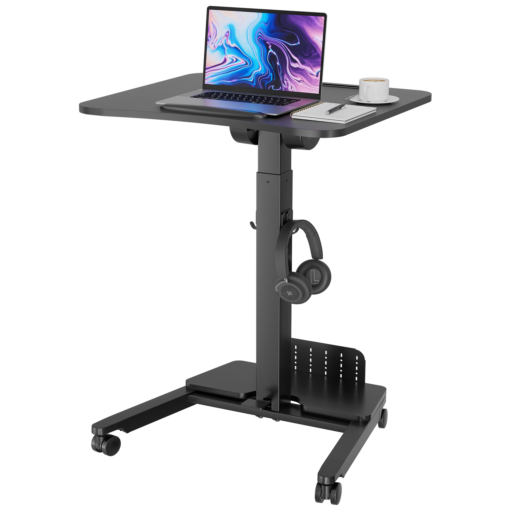 BONTEC Mobile Standing Desk Adjustable Height Rolling Laptop Cart with Storage Shelf Hooks Portable Workstation with Pneumatic Lift
