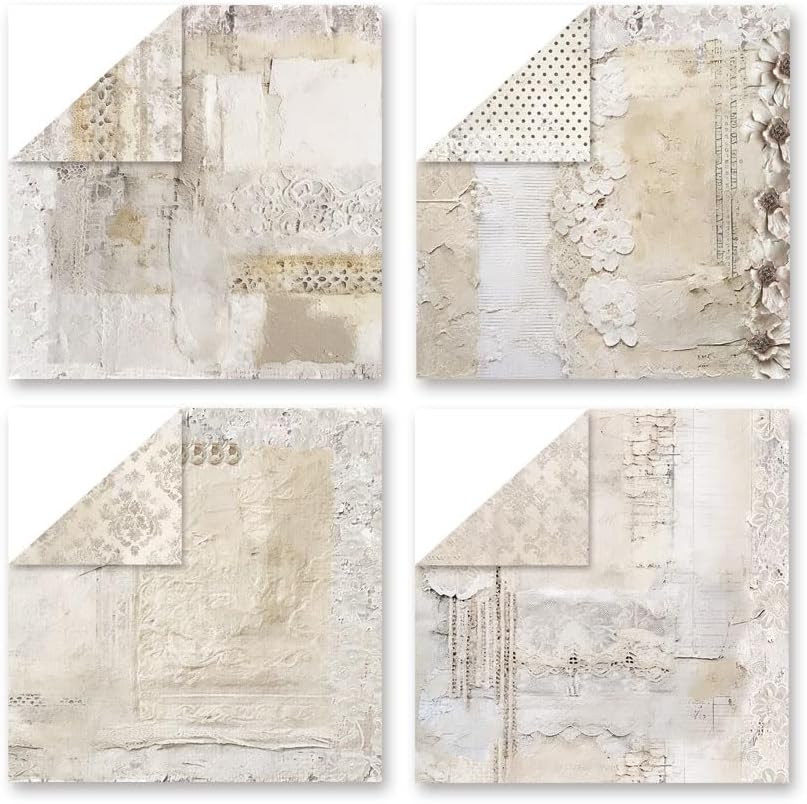 Soft Cream Lace Scrapbook Paper 24 Sheets Pattern Paper Double Sided Printing for DIY Card Making Scrapbook Wedding Photo Album Home Décor-12 x 12 Inches