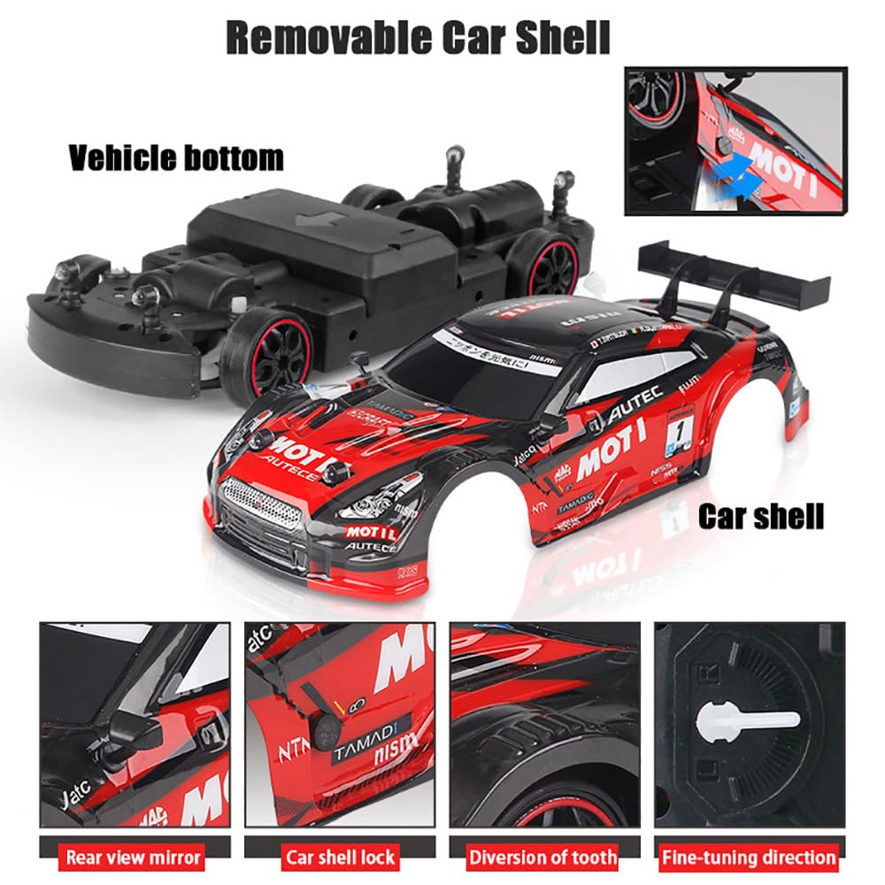 Zdalnie sterowany samochód 40 km/h RC Auto Drift 1/14 4WD 2,4 GHz 30 minut zabawy RTR Prędkość ciągła, oświetlenie LED, wymienne opony wyścigowe, prezenty dla dzieci, czerwone, 2 baterie