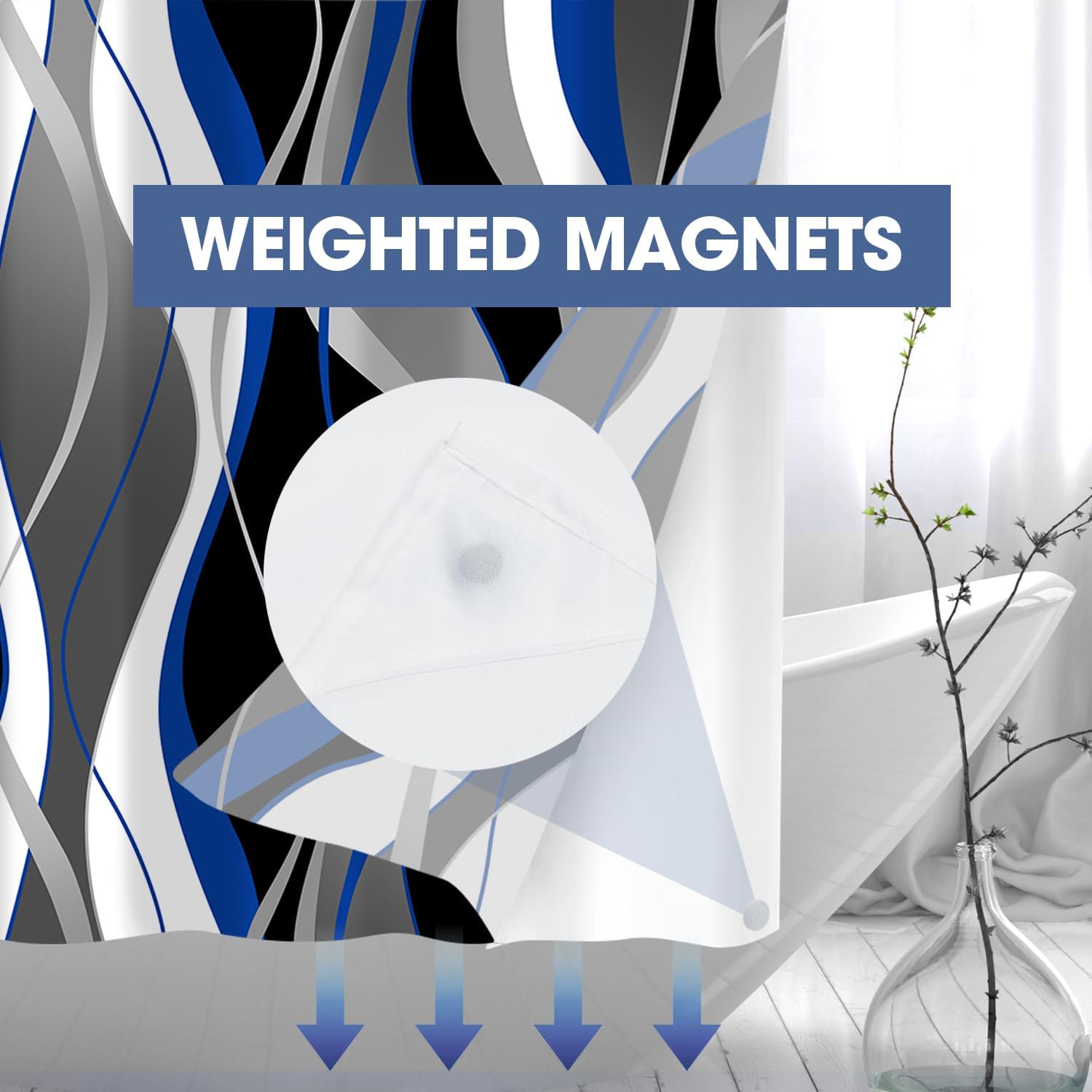 Nkzply No Hook Shower Curtain and Liner Set Blue Striped Shower Curtain with Snap in Liner Fabric Modern Black Grey Bathroom Set See Through Top Window Washable 71x74 Inch thumbnail