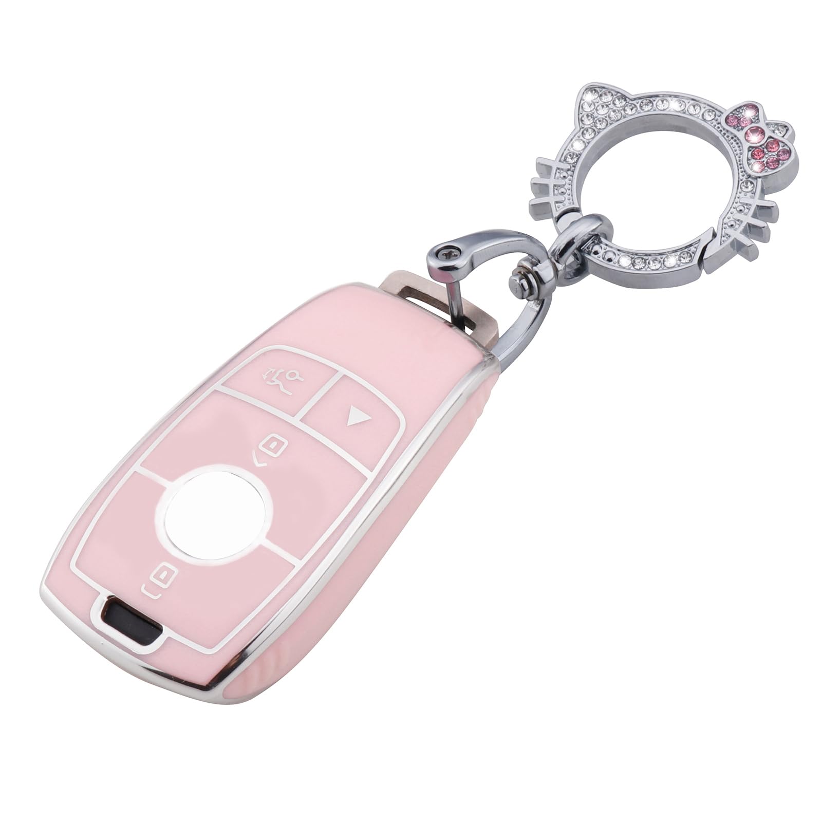 Pangpai Pink Key Fob Cover for Mercedes Benz, Soft TPU Key Case Protection with Bling Keychain Fit for A-Class C-Class G-Class 2017-2020 E-Class S-Class